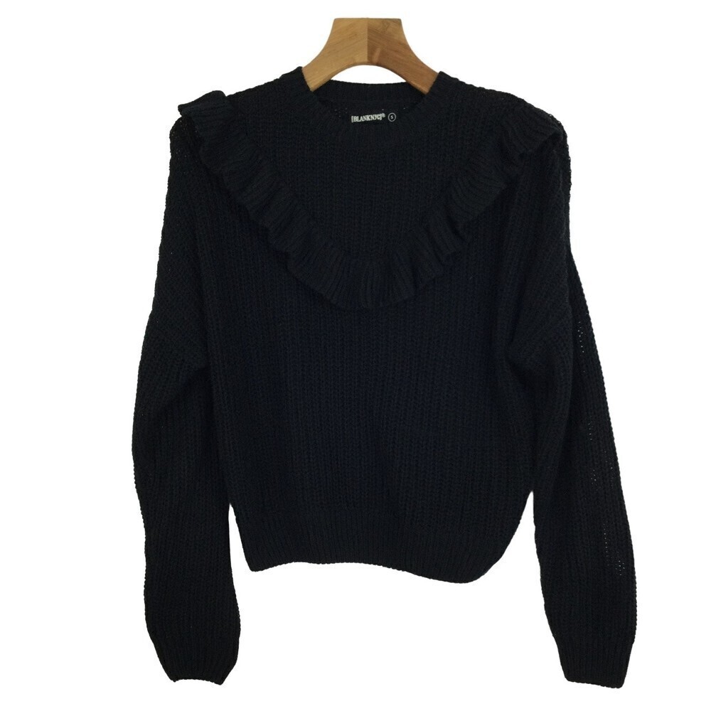 Blank NYC Womens Ruffle Crew Neck Long Sleeve Knit Sweater Black Size Small